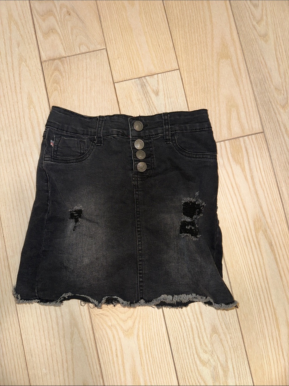 Vigoss Black Distressed Denim Button-Front Mini Skirt
